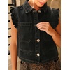 image:imageWomens Casual Denim Vest Sleeveless Ruffle Cuffed Cropped Jacket Tops 2026Black