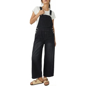 image:imagePEIHOT Womens Casual Wide Leg Denim Overalls Loose Fit Jean Jumpsuits Adjustable Strap Bib Romper FallBlack