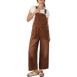 image:imagePEIHOT Womens Casual Wide Leg Denim Overalls Loose Fit Jean Jumpsuits Adjustable Strap Bib Romper FallBrown