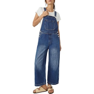 image:imagePEIHOT Womens Casual Wide Leg Denim Overalls Loose Fit Jean Jumpsuits Adjustable Strap Bib Romper FallMidblue