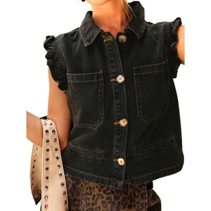 image:imageWomens Casual Denim Vest Sleeveless Ruffle Cuffed Cropped Jacket Tops 2026Black