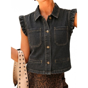 image:imageWomens Casual Denim Vest Sleeveless Ruffle Cuffed Cropped Jacket Tops 2026Grey