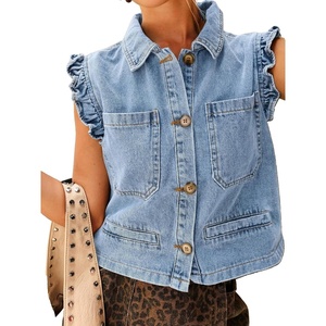 image:imageWomens Casual Denim Vest Sleeveless Ruffle Cuffed Cropped Jacket Tops 2026Lightblue