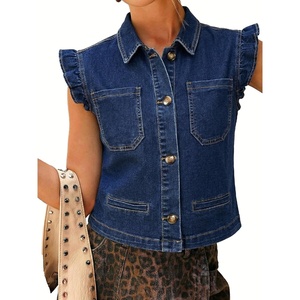 image:imageWomens Casual Denim Vest Sleeveless Ruffle Cuffed Cropped Jacket Tops 2026Midblue