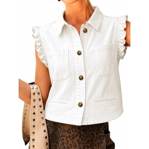 image:imageWomens Casual Denim Vest Sleeveless Ruffle Cuffed Cropped Jacket Tops 2026White