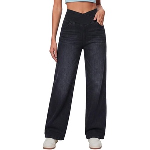 image:imageWomens 4Way Stretchy Jeans High Waisted Wide Leg Denim Pants with PocketsMidblack