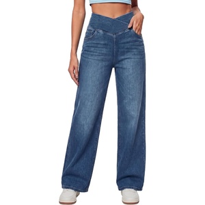 image:imageWomens 4Way Stretchy Jeans High Waisted Wide Leg Denim Pants with PocketsVintage Darkblue