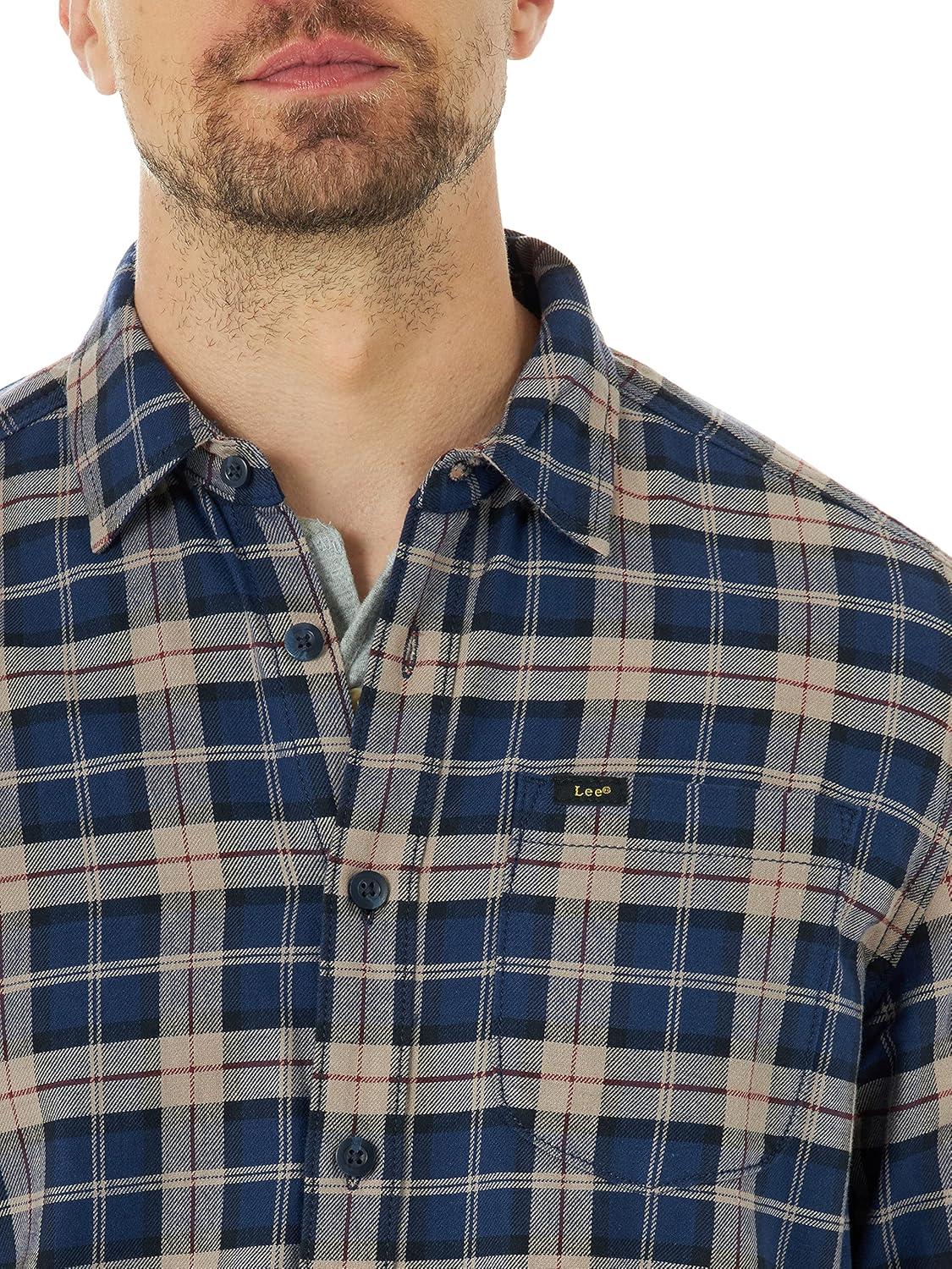 imageLee Mens All Purpose Classic Fit Long Sleeve ShirtNavy Plaid  Stretch Twill