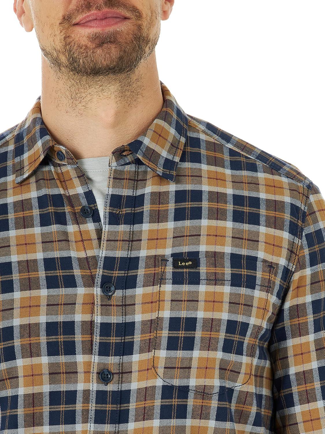 imageLee Mens All Purpose Classic Fit Long Sleeve ShirtNavyBrown Plaid  Stretch Twill