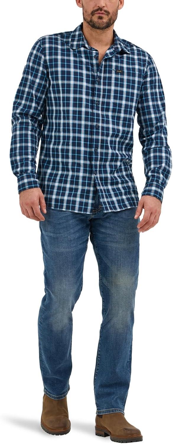 imageLee Mens All Purpose Classic Fit Long Sleeve ShirtRivet Navy Plaid