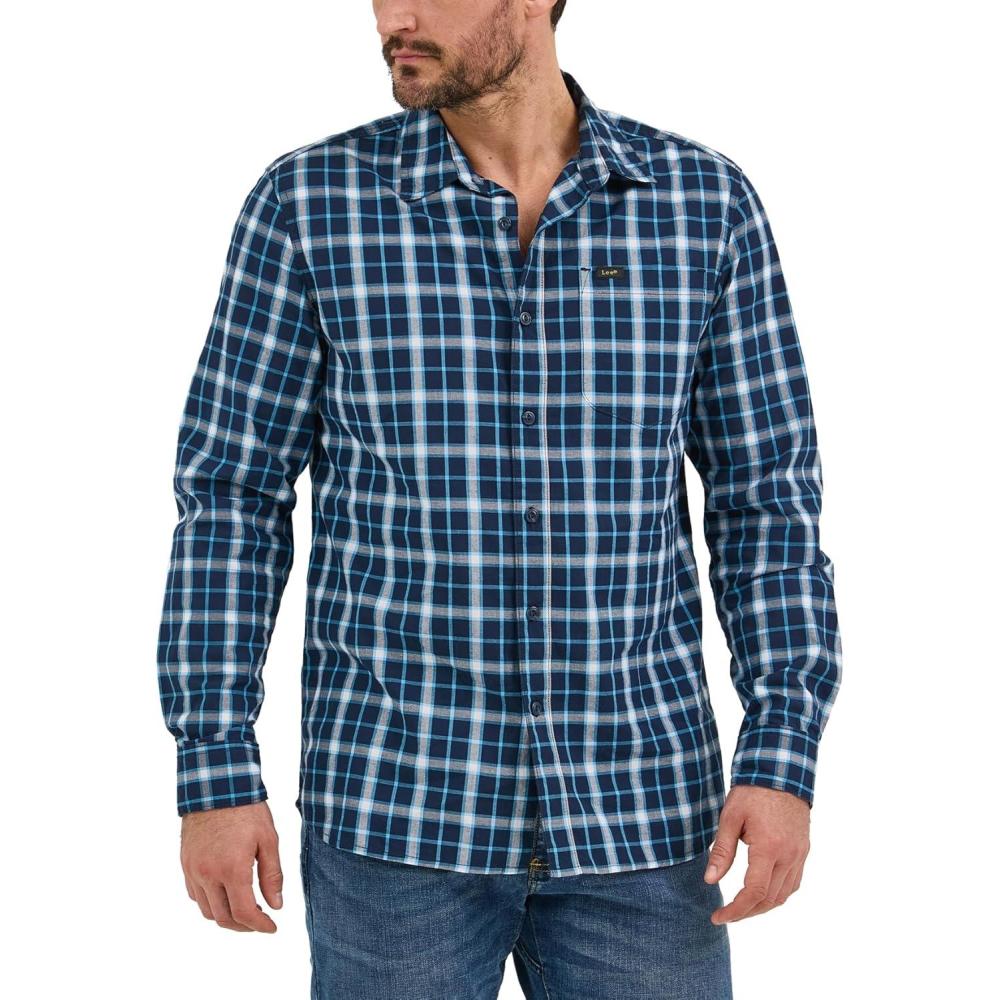 imageLee Mens All Purpose Classic Fit Long Sleeve ShirtRivet Navy Plaid