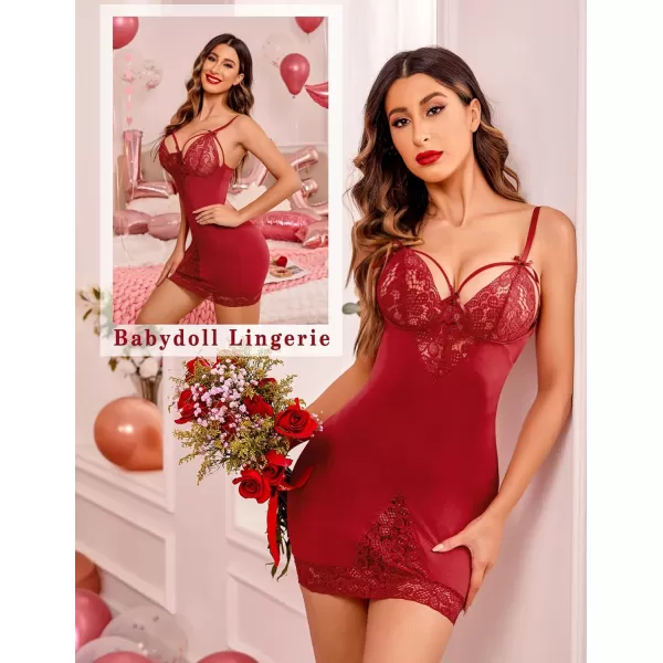 Avidllove Women Chemises Lingerie Lace Babydoll lingerie Sexy Teddy V Neck SleepwearDark Red 1