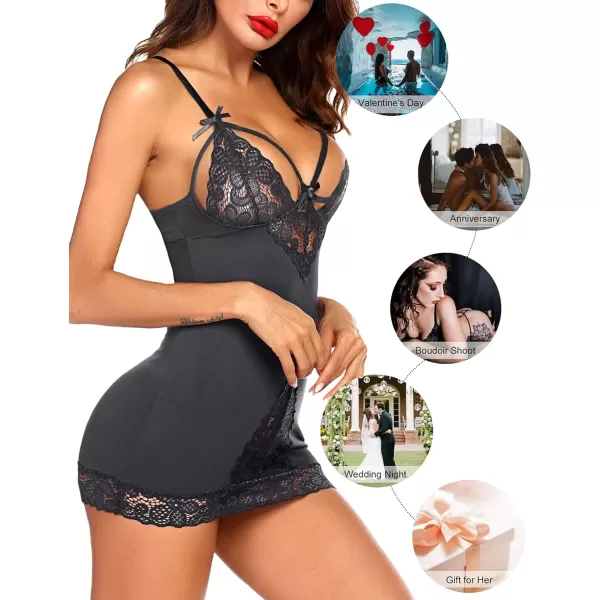 Avidllove Women Chemises Lingerie Lace Babydoll lingerie Sexy Teddy V Neck SleepwearGray