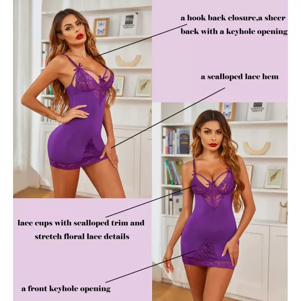 Avidllove Women Chemises Lingerie Lace Babydoll lingerie Sexy Teddy V Neck SleepwearPurple