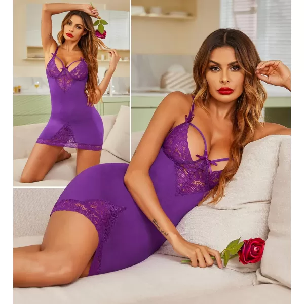 Avidllove Women Chemises Lingerie Lace Babydoll lingerie Sexy Teddy V Neck SleepwearPurple