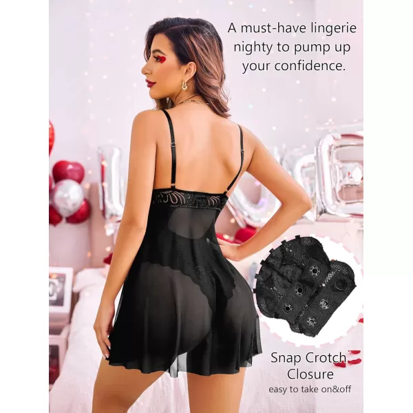 Avidlove Babydoll Lingerie for Women Floral Snap Crotch Teddy Chemise Nightie Lace NightgownBlack