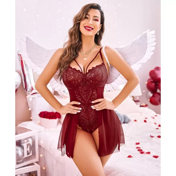 Avidlove Babydoll Lingerie for Women Floral Snap Crotch Teddy Chemise Nightie Lace NightgownDark Red