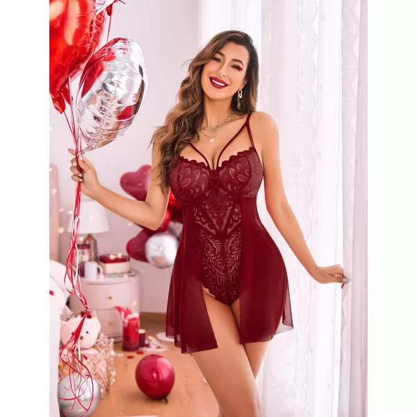 Avidlove Babydoll Lingerie for Women Floral Snap Crotch Teddy Chemise Nightie Lace NightgownDark Red