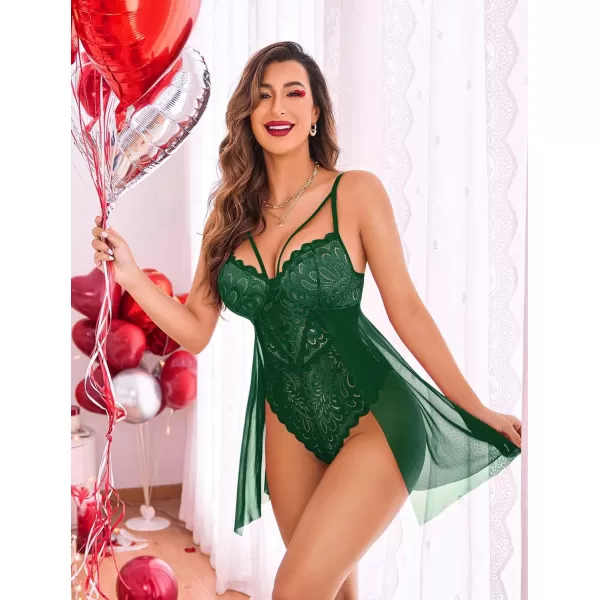 Avidlove Babydoll Lingerie for Women Floral Snap Crotch Teddy Chemise Nightie Lace NightgownGreen