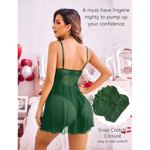 Avidlove Babydoll Lingerie for Women Floral Snap Crotch Teddy Chemise Nightie Lace NightgownGreen