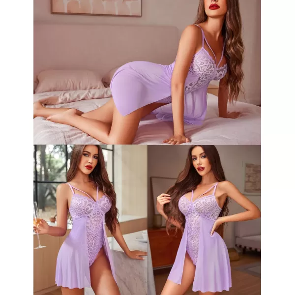 Avidlove Babydoll Lingerie for Women Floral Snap Crotch Teddy Chemise Nightie Lace NightgownLight Purple