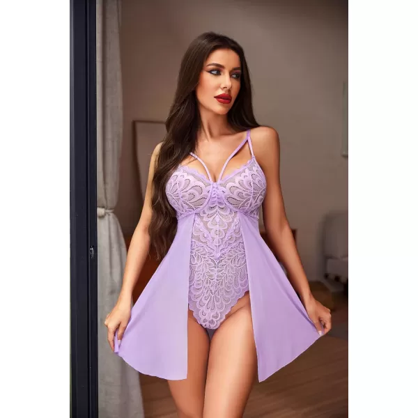 Avidlove Babydoll Lingerie for Women Floral Snap Crotch Teddy Chemise Nightie Lace NightgownLight Purple