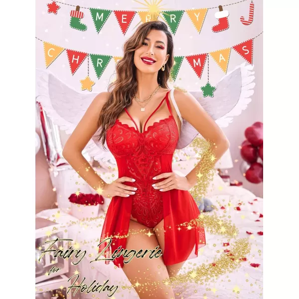 Avidlove Babydoll Lingerie for Women Floral Snap Crotch Teddy Chemise Nightie Lace NightgownRed