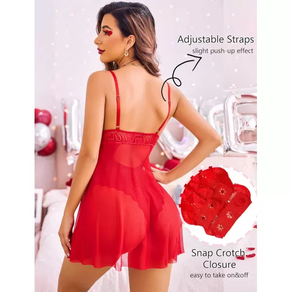 Avidlove Babydoll Lingerie for Women Floral Snap Crotch Teddy Chemise Nightie Lace NightgownRed