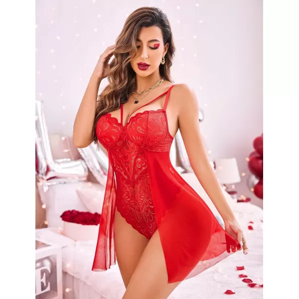 Avidlove Babydoll Lingerie for Women Floral Snap Crotch Teddy Chemise Nightie Lace NightgownRed