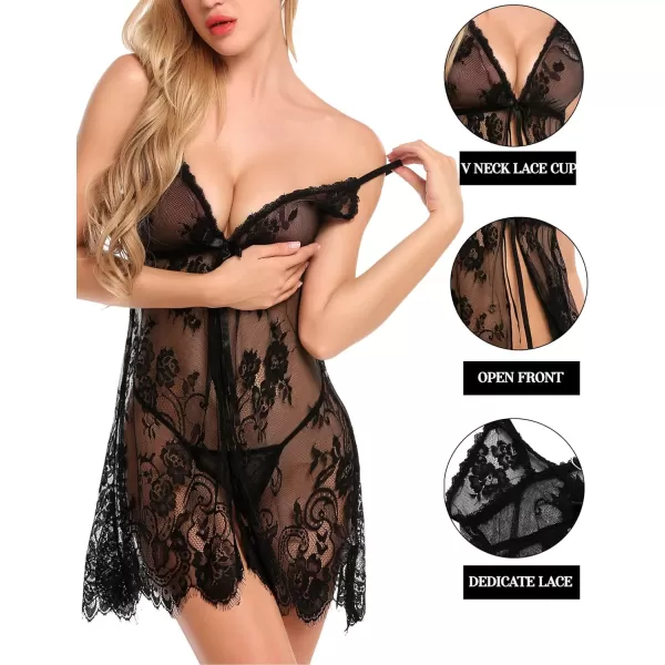 Avidlove Babydoll Lingerie for Women Honeymoon V Neck Chemise Sexy Exotic Open Front NegligeeBlack