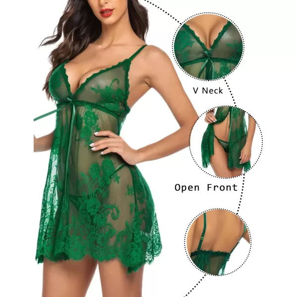 Avidlove Babydoll Lingerie for Women Honeymoon V Neck Chemise Sexy Exotic Open Front NegligeeDark Green