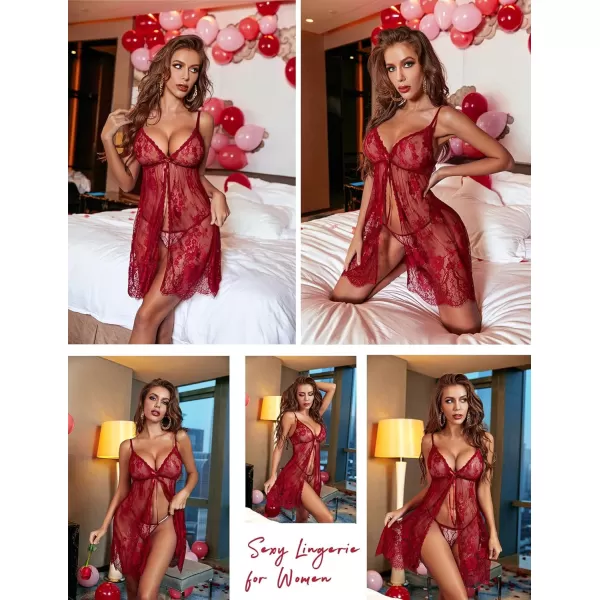 Avidlove Babydoll Lingerie for Women Honeymoon V Neck Chemise Sexy Exotic Open Front NegligeeDark Red