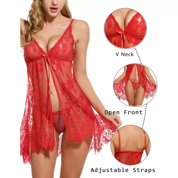 Avidlove Babydoll Lingerie for Women Honeymoon V Neck Chemise Sexy Exotic Open Front NegligeeRed