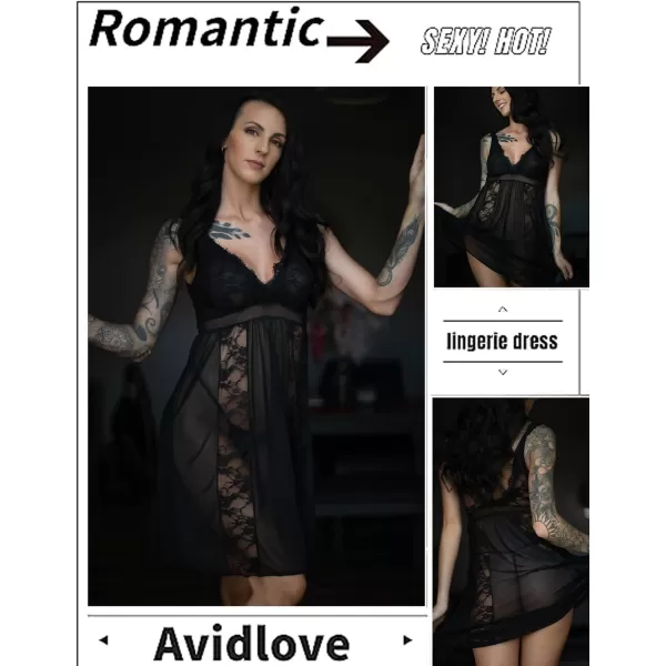 Avidlove Babydoll Lingerie for Women Sexy Nightgowns for Bride Lace Chemise Lingerie NightyBlack