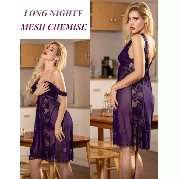 Avidlove Babydoll Lingerie for Women Sexy Nightgowns for Bride Lace Chemise Lingerie NightyPurple