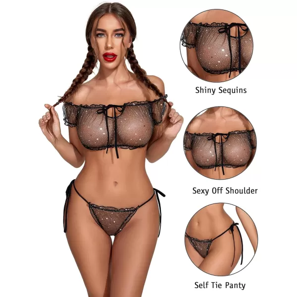 Avidlove Bra and Panty Set Ruffle Lingerie Set Mesh Babydoll ChemiseBlack Star