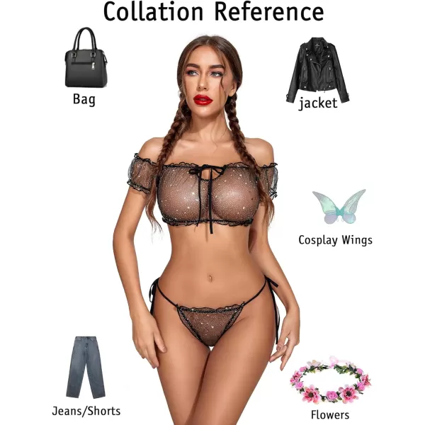 Avidlove Bra and Panty Set Ruffle Lingerie Set Mesh Babydoll ChemiseBlack Star