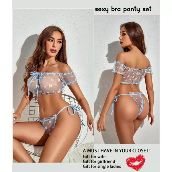 Avidlove Bra and Panty Set Ruffle Lingerie Set Mesh Babydoll ChemiseBlue Daisy