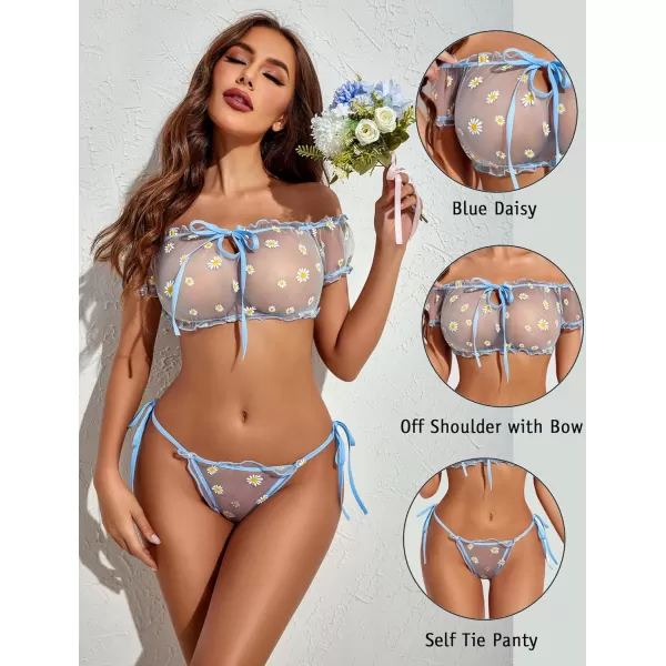 Avidlove Bra and Panty Set Ruffle Lingerie Set Mesh Babydoll ChemiseBlue Daisy