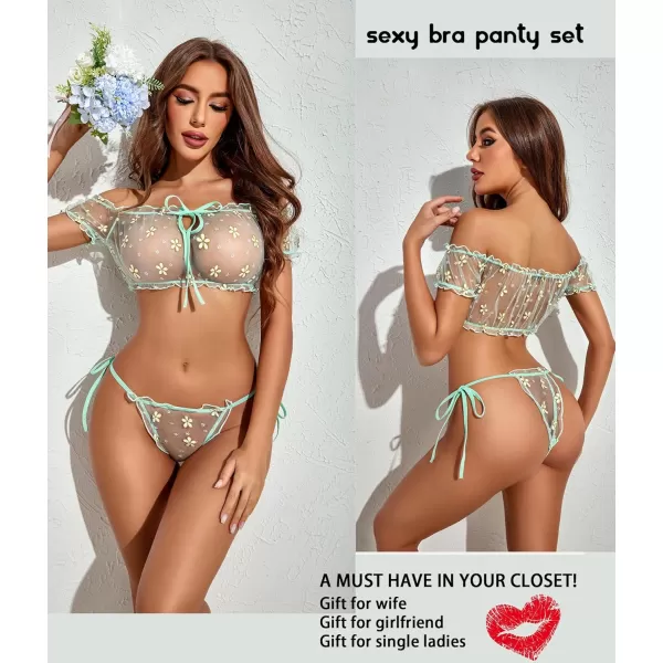 Avidlove Bra and Panty Set Ruffle Lingerie Set Mesh Babydoll ChemiseGreen Floral Print