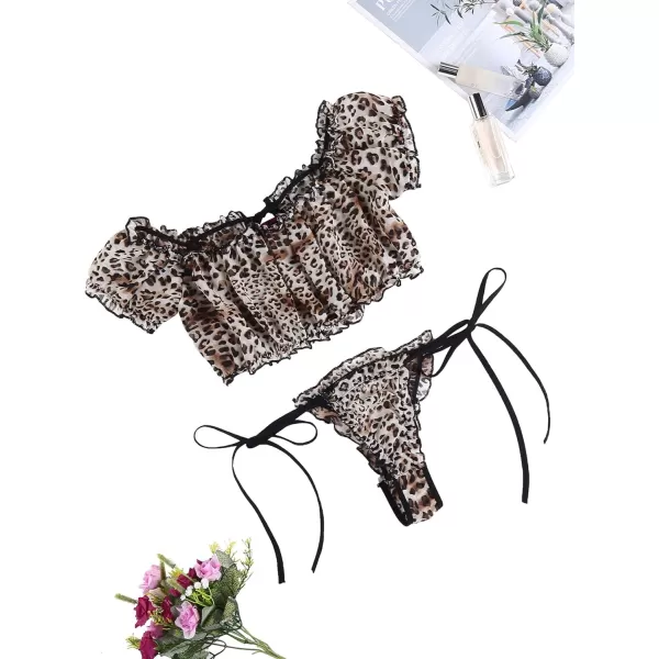 Avidlove Bra and Panty Set Ruffle Lingerie Set Mesh Babydoll ChemiseLeopard Print