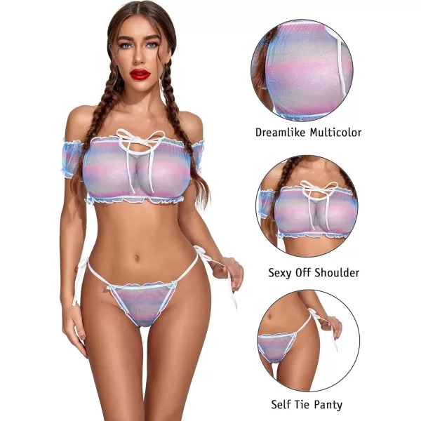 Avidlove Bra and Panty Set Ruffle Lingerie Set Mesh Babydoll ChemiseMulticolor