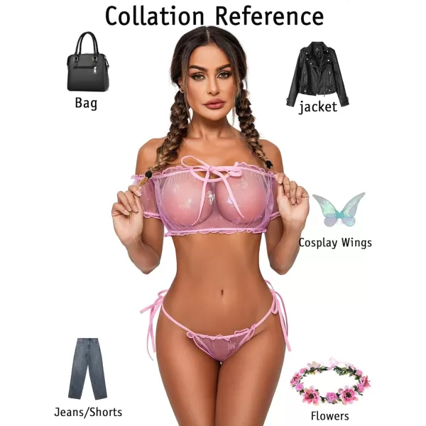 Avidlove Bra and Panty Set Ruffle Lingerie Set Mesh Babydoll ChemisePink Batterfly