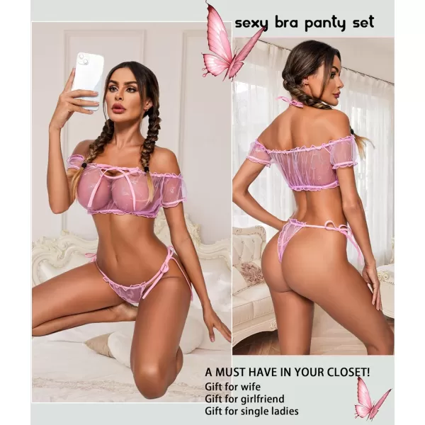 Avidlove Bra and Panty Set Ruffle Lingerie Set Mesh Babydoll ChemisePink Batterfly