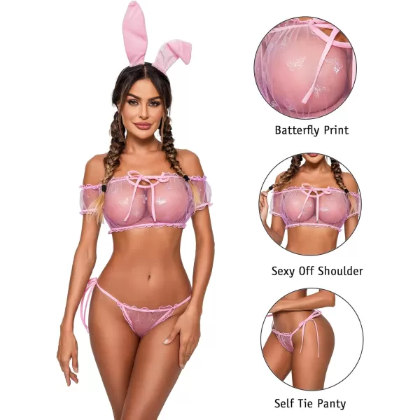 Avidlove Bra and Panty Set Ruffle Lingerie Set Mesh Babydoll ChemisePink Batterfly