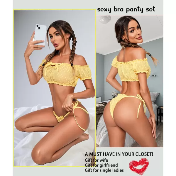 Avidlove Bra and Panty Set Ruffle Lingerie Set Mesh Babydoll ChemiseYellow