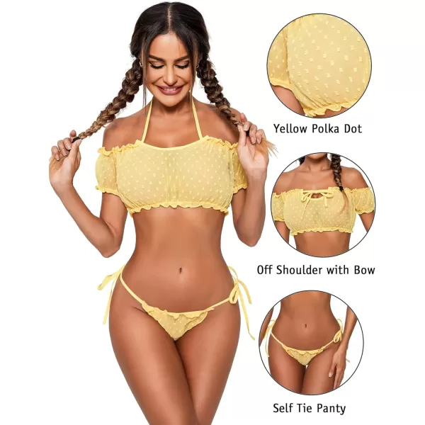 Avidlove Bra and Panty Set Ruffle Lingerie Set Mesh Babydoll ChemiseYellow