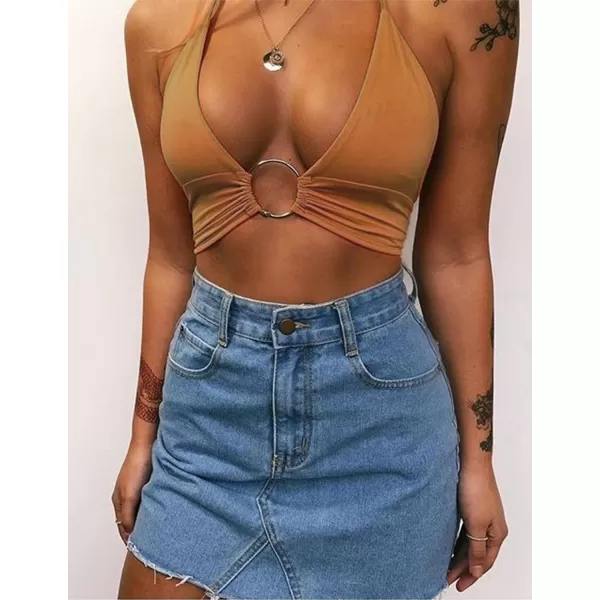 Avidlove Deep V Neck Tank Tops for Women Knot Tie Halter Backless Crop Tops Sexy Sleeveless Plunging Women Tops with RingBrown