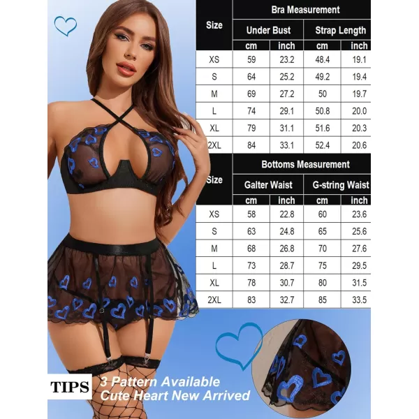 Avidlove Garter Lingerie Set for Women with Underwire 3 Piece Lace Lingerie Set Floral High Waisted Push Up Lingerie SetBlue Heart