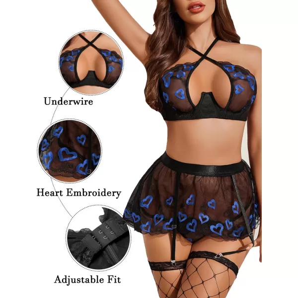 Avidlove Garter Lingerie Set for Women with Underwire 3 Piece Lace Lingerie Set Floral High Waisted Push Up Lingerie SetBlue Heart